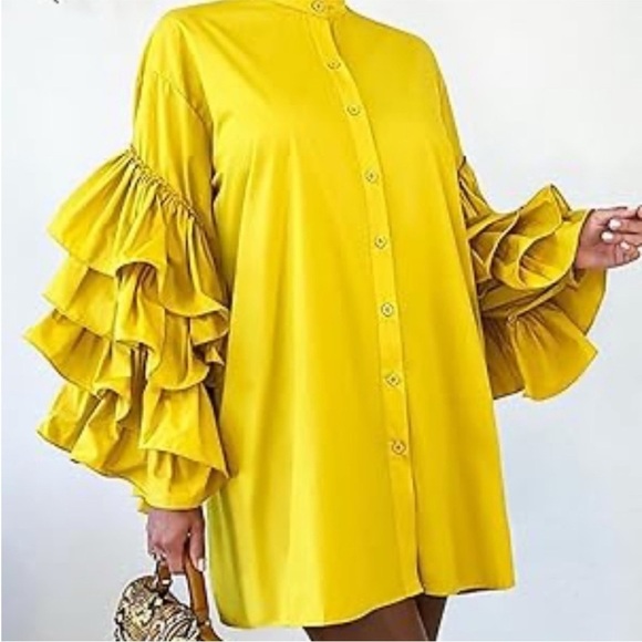 NWT,Balulah,WILD Yellow, Ruffled Bell Sleeve,Button-Front Tunic Dress, Size M/L - Picture 6 of 7